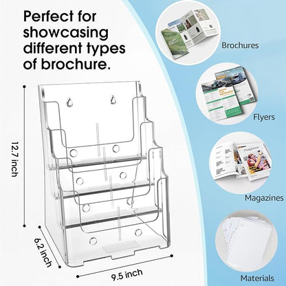 MaxGear Acrylic Brochure Holder 8.5 x 11 inch, 4 Tier Clear Literature Organizer Magazine Stand Display with Removable Divider for 4 x 9 inch Brochures, Pamphlet, Wall Mount or Countertop, 4 Pack