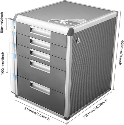 Desk Organizer with 5 Drawers, Metal Desktop Storage Cabinet File Holder with Locks and Keys, Filing Case Literature Organizer for Office Home, L12.4*D13.8*H16in, Silver & Grey