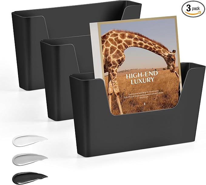 JOMOLA No Drilling File Holder 3 Pack Mail Organizer Wall Mount File Organizer Holder Office Wall Hanging Files Magazines Organizer Plastic Door Mount Wall Pocket with Adhesive Pad, Black Color
