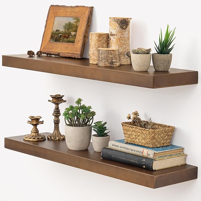 Marsmiles 30 Inch Floating Shelves | Rustic Dark Wood Wall Shelves Set of 2 | 30" W x 7.7" D x 1.6" H Wooden Shelves for Bathroom Kitchen Living Room