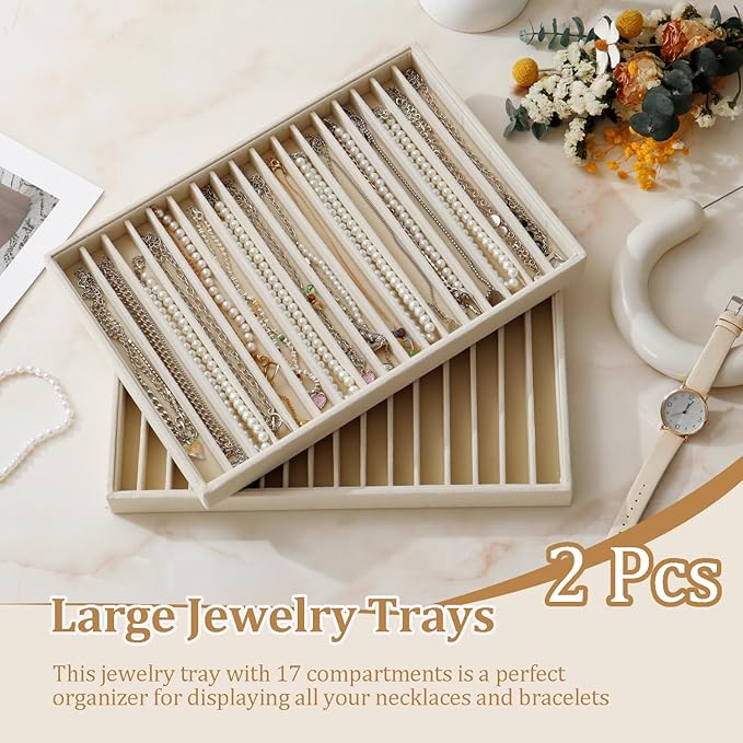 Large Velvet Jewelry Tray 2 Pack Stackable Jewelry Display Drawer Inserts Trays Organizer for Earring Bracelet Necklace Ring (Beige, 16 Grids)