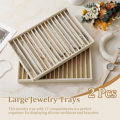Large Velvet Jewelry Tray 2 Pack Stackable Jewelry Display Drawer Inserts Trays Organizer for Earring Bracelet Necklace Ring (Beige, 16 Grids)