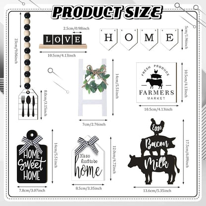 Set of 11 Home Tiered Tray Decor Spring Welcome Rustic Farmhouse Tiered Tray Decorations Set Home Wooden Signs Vintage Farm Animal Farmhouse Tabletop Wood Sign for Kitchen Table Shelf Decor