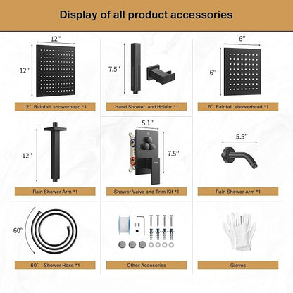 VANFOXLE Shower Faucet Set Matte Black Shower System, Push Button Diverter Shower Faucet with Trim Kit, Ceiling Mount 12 Inch Shower Head Increased Thick, 6 Inch Side Shower Head, 2-in-1 Handheld
