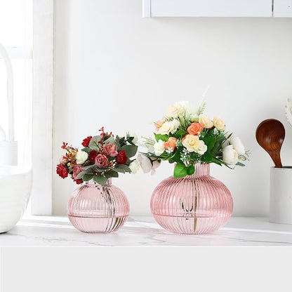 Pink Glass Vases for Tulips, Set of 2, Flower Vases for Bouquet, Ribbed Glass Vase for Flowers, Short Vase for Living Room, Office, Coffee Table, Shelf, Wedding