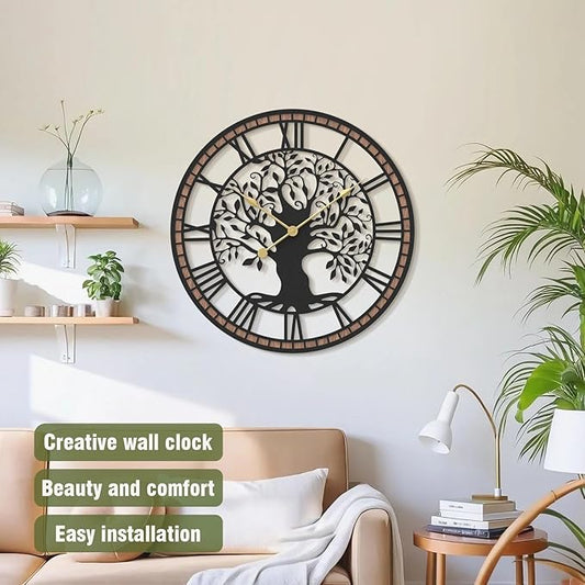 Micasso Non-Ticking Large Wall Clock: 18Inch Tree of Life Metal Black with Solid Wood Frame - Battery Operated Silent Clock for Living Room/Office/Bedroom/Kitchen - Home Decor for Professional Woman