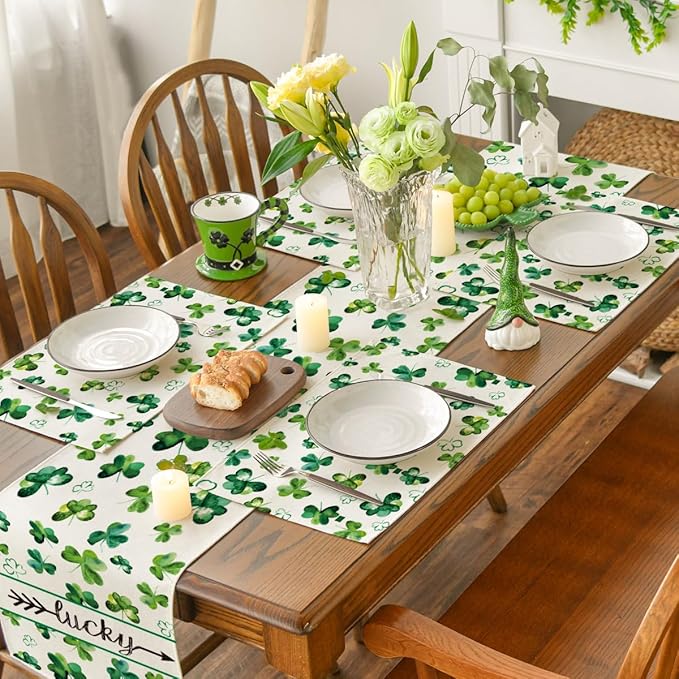 Artoid Mode Lucky Shamrock St. Patrick's Day Placemats for Dining Table, 12 x 18 Inch Seasonal Holiday Rustic Vintage Washable Table Mats Set of 4