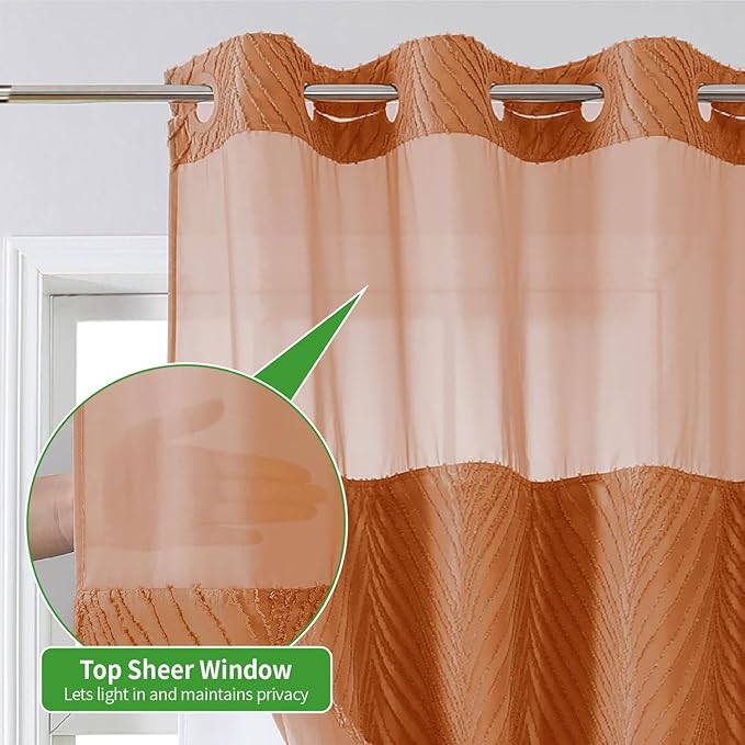no Hook Shower Curtain and Liner Set，Boho Style with See Through Top Window, BurntOrange Fabric Tufted Striped Textured Outer Curtain & Waterproof Inner Liner, Orange, 71Wx80H