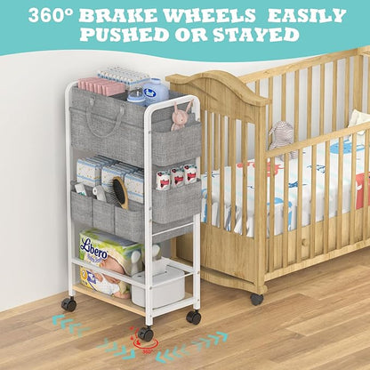 LIDTOP 2In1 Diaper Caddy & 4-Tier Rolling Diaper Cart, Diaper Caddy Organizer Cart with Dividers & Drawer, Mobile Metal Bedside Cart for Baby Nursery Essentials Storage, Large Capacity, White