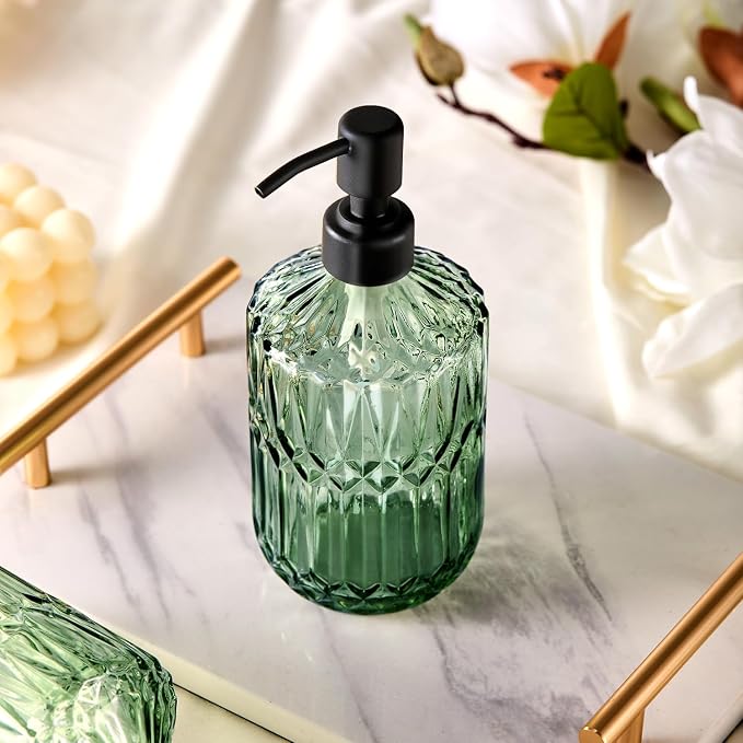 COHOSEGE 17 Oz Green Glass Kitchen Soap Dispenser for Dish Soap, 2 Pack Bathroom Soap Dispenser Set with Black Rust Proof Pump for Lotion, Hand soap or Body Wash