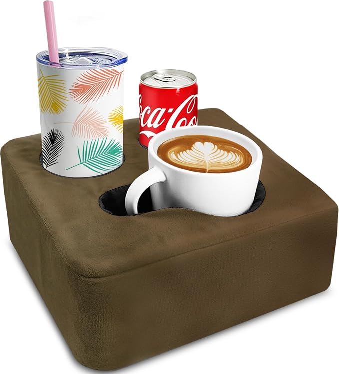 Couch Cup Holder Pillow Tray & Caddy - for Sofa, Bed, Car, Man Cave | Keep Drinks at Hand & Spill-Proof Accessories for New Parents, Camping, Park, Boat, Beach - Brown
