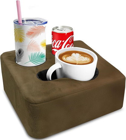 Couch Cup Holder Pillow Tray & Caddy - for Sofa, Bed, Car, Man Cave | Keep Drinks at Hand & Spill-Proof Accessories for New Parents, Camping, Park, Boat, Beach - Brown