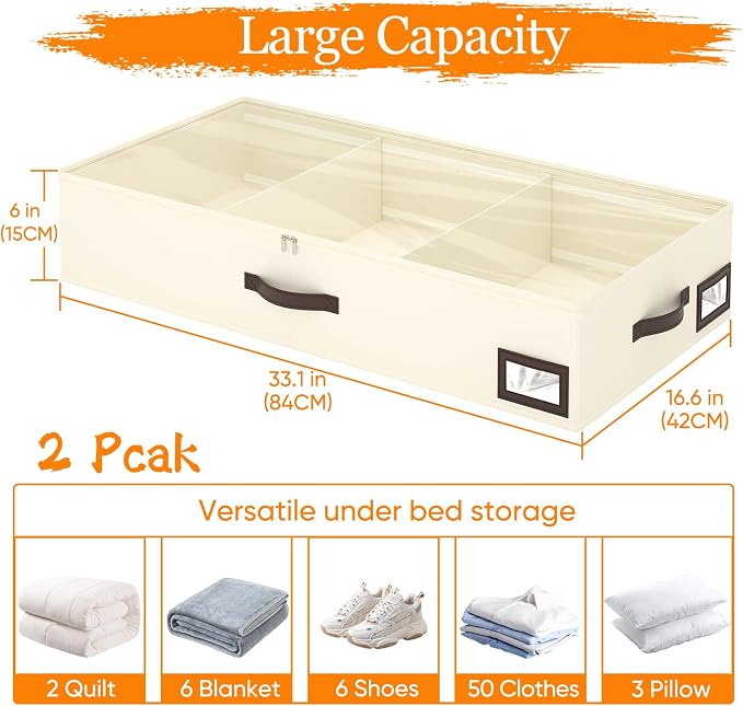 OIAHOMY 2 Pack 53L Under Bed Storage with Adjustable Dividers, 6" Low Profile Underbed Storage Bins for Comforters & Clothes, Save Closet Space with Clear View Lid & Reinforced Handles, Beige