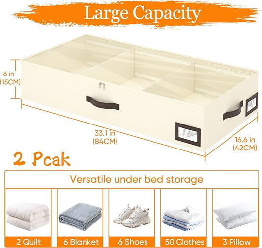 OIAHOMY 2 Pack 53L Under Bed Storage with Adjustable Dividers, 6" Low Profile Underbed Storage Bins for Comforters & Clothes, Save Closet Space with Clear View Lid & Reinforced Handles, Beige