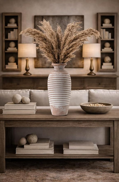 Emotionally Grounded Vase, Vaseking Large Ceramic Rustic Vase, 14.4 inch Minimalist Threaded Decorative Farmhouse Tall Vases for Home Decor, Living Room, Enterway, Table Decoration, Khaki