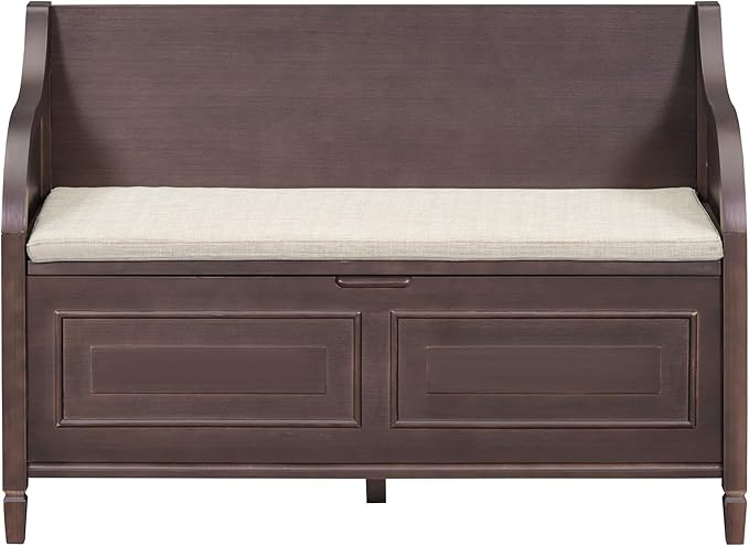 Bellemave Storage Bench with Safety Hinge Wooden Entryway Benches with Shoe Cabinets Under Seat Multifunctional Storage Bench for Entryway, Foyer or a Mudroom (Espresso + Beige)