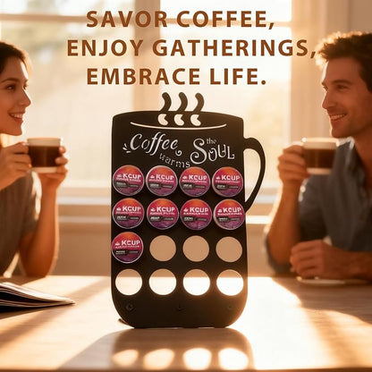 Metal K Cups Coffee Pod Holder, 19 Pods Holder Display,Coffee Bar Organizer for Home ,Kitchen,Office or Workspace, Black frosted Capsule Storage | Stylish Lettering Decor (Coffee Warms Soul)