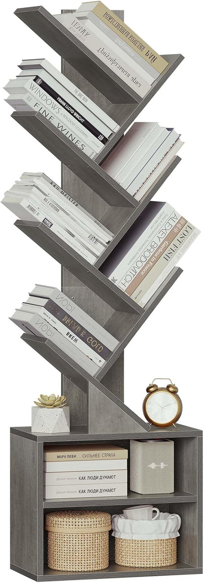 SUNMORY 6 Tier Tree Bookshelf, Tall Bookcase with Storage Cabinet, Modern Narrow Bookshelves Organizer, Floor Standing Book Shelf for Bedroom/Living Room/Home Office/Corner, Grey