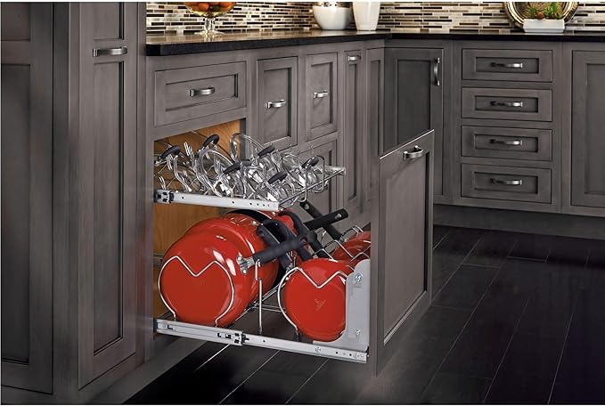 Rev-A-Shelf 2-Tier Kitchen Cabinet Pullout, Cabinet Organizer for Pots, Pans, and Lid Cookware, Adjustable Heavy Duty Wire, Chrome, Min Opening Width of 20.5", 5CW2-2122-C
