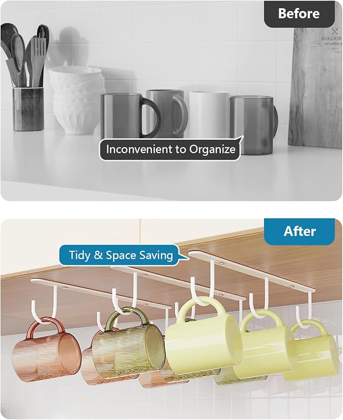Luckinow 3 Pack Mug Hooks Under Cabinet, Coffee Mug Holder for Hanging Under Shelf, Cup Hanger with 9 Hooks for Displaying Mugs, Coffee Cups and Kitchen Utensils, White