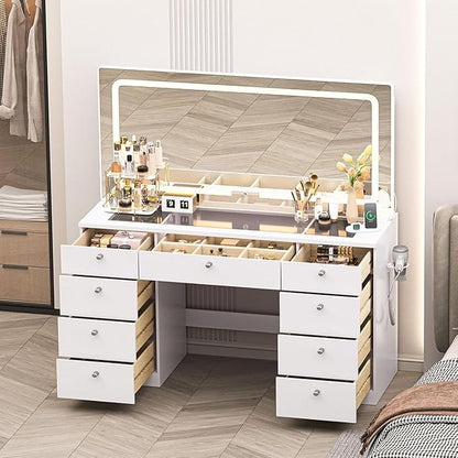 Vanity with Lighted Mirror, Glass Top Makeup Vanity Desk with Power Outlet and 9 Drawers, 3 Color Lighting Modes Adjustable Dresser for Bedroom, White