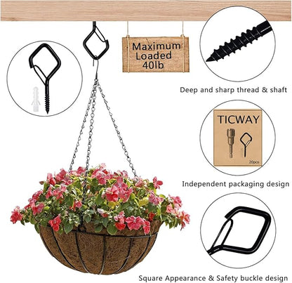 20 PCS Q-Hanger Hooks for String Lights, Ceiling Hooks for Hanging Plants, Wind Chimes, Bird Feeders, Lanterns, Christmas Decorations (Square Hanger) Black