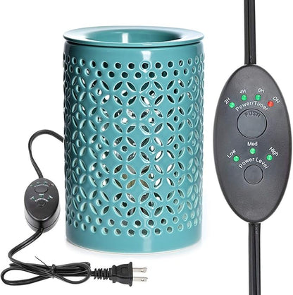ASAWASA Ceramic Wax Melt Warmer with Timer and 1 pc Silicone Dish,Candle Wax Warmer for Scented Wax & Essential Oils,Ideal Gift for Home Office Kitchen Long Cyan