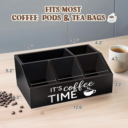 Coffee Station Organizer – Wooden Condiment Holder for Coffee Bar Accessories, Tea Bags, Pods, Stirrers – Rustic Countertop Storage Basket for Home & Office
