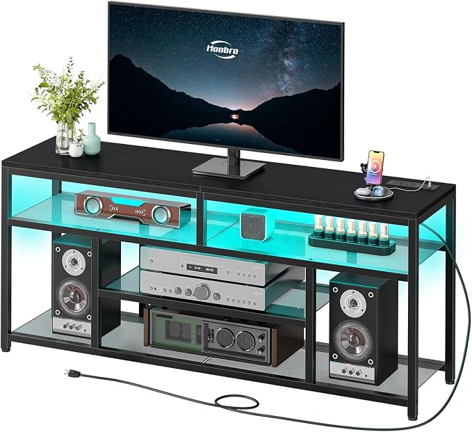 HOOBRO LED TV Stand with Charging Station, 4-Tier Entertainment Gaming Center, Modern Media Console Table, Open Shelves, 55.1"L x 13.8"W x 26.2"H, for TVs up to 65", for Living Room, Black BB47UDDS01