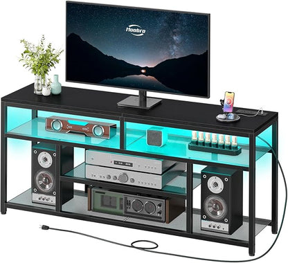 HOOBRO LED TV Stand with Charging Station, 4-Tier Entertainment Gaming Center, Modern Media Console Table, Open Shelves, 55.1"L x 13.8"W x 26.2"H, for TVs up to 65", for Living Room, Black BB47UDDS01