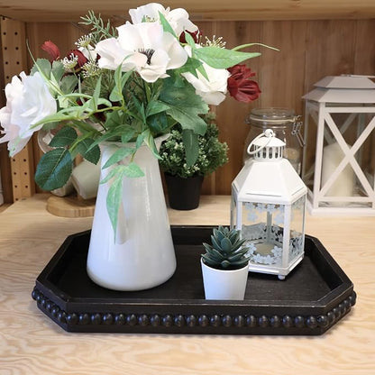 Hrastany Wood Rustic Serving Tray with Beads, Farmhouse Vintage Black Decorative Tray for Table Centerpiece, Christmas Wedding Halloween Home Decor