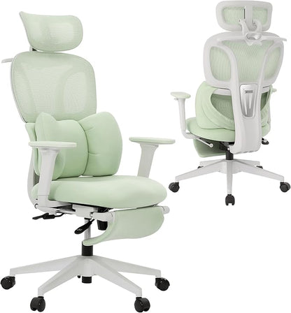 CabLady S1 Petite Ergonomic Office Chair Design with Detachable Pillow Lumbar Cushion, Coat Hanger, 2D Headrest & PU Armrests, Cloud Seat & Footrest Cute Desk Chair for Women Girls