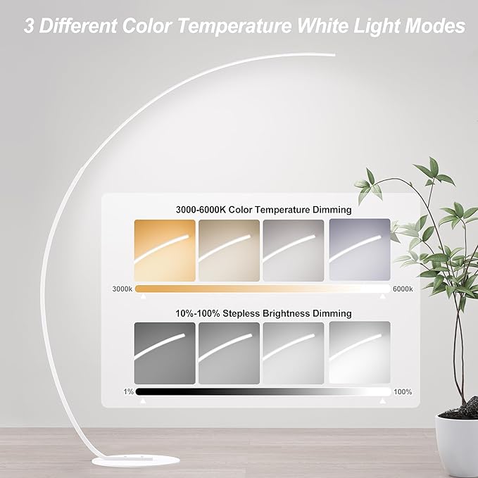 Adjustable White Light Modern 69.99 inch Arched Standing Reading Floor Lamp with Remote - Dimmable White Led Curved Light for Bedroom and Reading Room