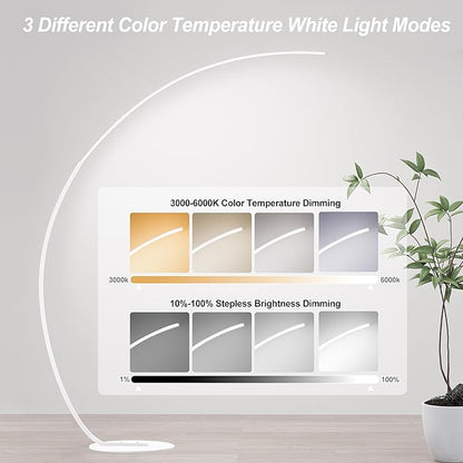 Adjustable White Light Modern 69.99 inch Arched Standing Reading Floor Lamp with Remote - Dimmable White Led Curved Light for Bedroom and Reading Room