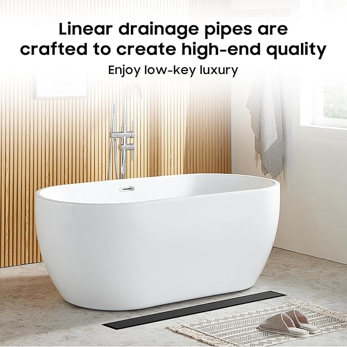 DLONE Linear Shower Drain | 60" AISI 304 Stainless Steel Linear Drain, Matte Black Shower Drain with Tile Insert Panel & Adjustable Feet, Long Rectangle Shower Floor Drain in Bathroom, Balcony, etc