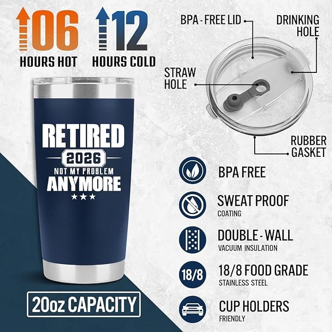 Retirement Gifts for Men 2026 - Retired Not My Problem Anymore - Funny Retired Tumbler for Men, Him, Father, Husband, Coworkers - Happy Retirement Gifts, Navy Tumbler 20 Oz