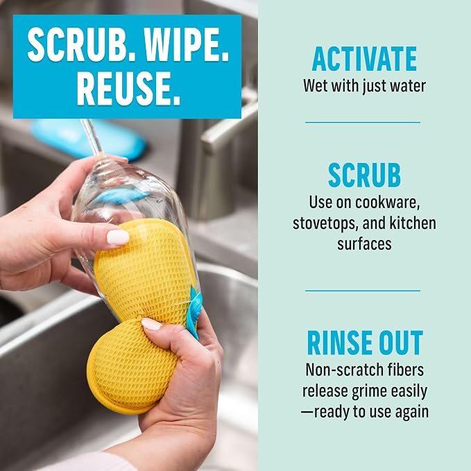 E-Cloth Washing Up Scrub Pad - Microfiber Sponge for Cleaning, Reusable Kitchen Sponge for Dishes & Sink, Non Scratch, Multi Purpose Scrubber, Machine Washable - 4 Pack, Yellow