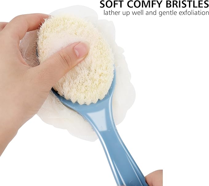 Shower Body Brush with Bristles and Loofah,Back Scrubber Bath Mesh Sponge with Curved Long Handle for Skin Exfoliating Bath, Massage Bristles Suitable for Wet or Dry, Men and Women(Orange)
