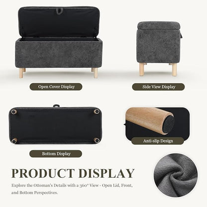 Ottoman with Storage, Storage Ottoman Bench, Entryway Bench with Wood Legs for Living Room, Sitting Area, 2PCS, Dark Grey