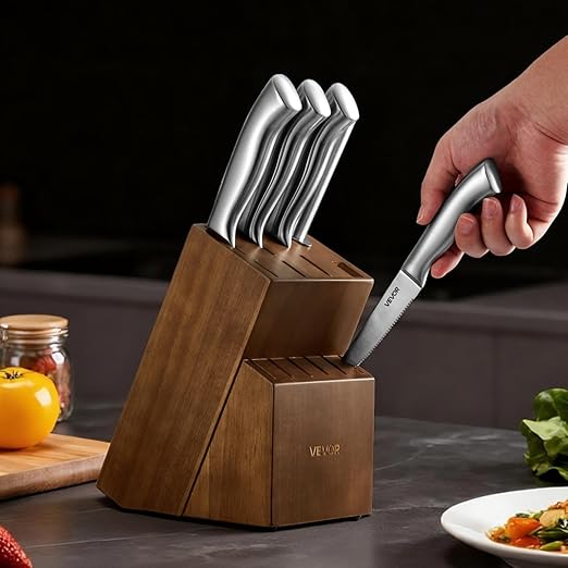VEVOR Kitchen Knife Set with Block and Sharpener, 15 Piece German High Carbon Stainless Steel Sharp Knife Set, Kitchen Cutlery with Ergonomic Handle, Sharpening Rod and Wooden Block, for Home Cooks