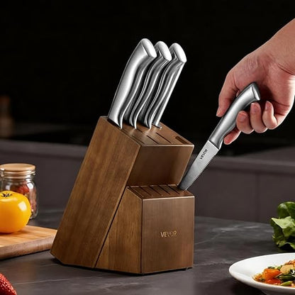 VEVOR Kitchen Knife Set with Block and Sharpener, 15 Piece German High Carbon Stainless Steel Sharp Knife Set, Kitchen Cutlery with Ergonomic Handle, Sharpening Rod and Wooden Block, for Home Cooks
