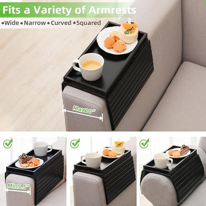 GEHE Bamboo Sofa Arm Tray, Foldable Couch Arm Tray Side Table, Anti-Falling Armrest Tables Cup Holder for Snacks, Drinks, Beers, Phone, Control, Flexible and Portable, Anti-Slip Bottom