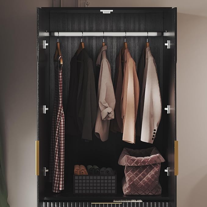 71.7" Wardrobe Armoire Wooden Closet with 2 Doors and 3 Drawers, Bedroom Armoire with Hanging Rod Shelf, Large Capacity Storage Wardrobe Armoire, Freestanding Wooden Closet Storage Cabinet Black