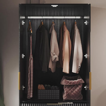 71.7" Wardrobe Armoire Wooden Closet with 2 Doors and 3 Drawers, Bedroom Armoire with Hanging Rod Shelf, Large Capacity Storage Wardrobe Armoire, Freestanding Wooden Closet Storage Cabinet Black
