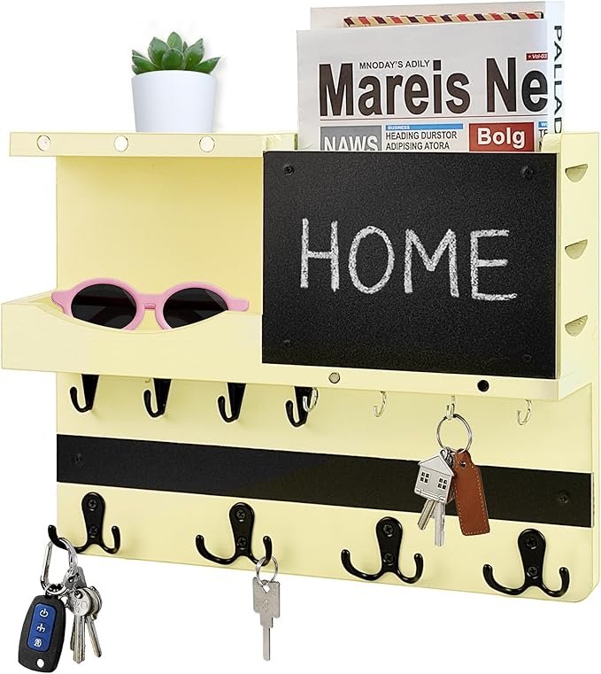 Key Holder for Wall Mount with Shelf and Mail Organizer, Key and Mail Holder with 16 Hooks, Farmhouse Entryway Organizer, Home Decor Rack(Pine Wood,Ivory Yellow)