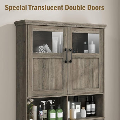Vabches Over-The-Toilet Storage Cabinet with Double Doors, Toilet Paper Holder Stand & Adjustable Shelf, Freestanding Space Saver, Grey
