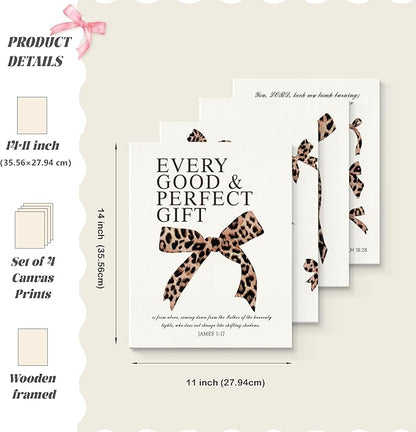 LARTSFRO Coquette Leopard Bow Christian Canvas Wall Art Decor Posters Prints, Y2K Cheetah Leopard Bow Room Bedroom Bathroom Dorm Wall Art Decor Aesthetic for College Teen Girls Gifts, Inspirational Bible Verses Bow Wall Decor, 11x14 Inch Set of 4 Pcs C...