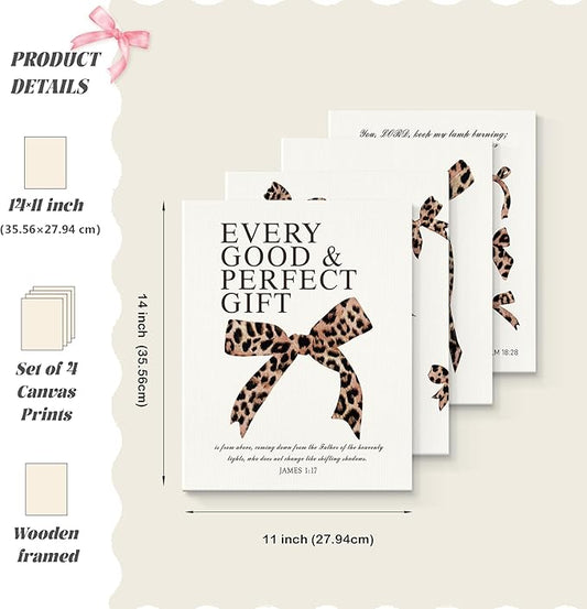 LARTSFRO Coquette Leopard Bow Christian Canvas Wall Art Decor Posters Prints, Y2K Cheetah Leopard Bow Room Bedroom Bathroom Dorm Wall Art Decor Aesthetic for College Teen Girls Gifts, Inspirational Bible Verses Bow Wall Decor, 11x14 Inch Set of 4 Pcs C...