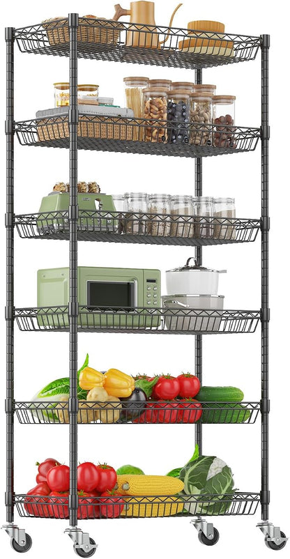 Himimi 6 Tier Rolling Storage Cart, Metal Wire Basket Rack with Wheels, Adjustable Storage Shelves Organizer Shelf for Kitchen Pantry Garage Laundry Room Bathroom, 30" W X 13.5" D X 63" H, Black