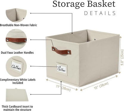 DECOMOMO Storage Baskets for Shelves - Large 15"x11"x10" Foldable Fabric Storage Bins, Baskets for Organizing with Labels (Beige, 4pcs)